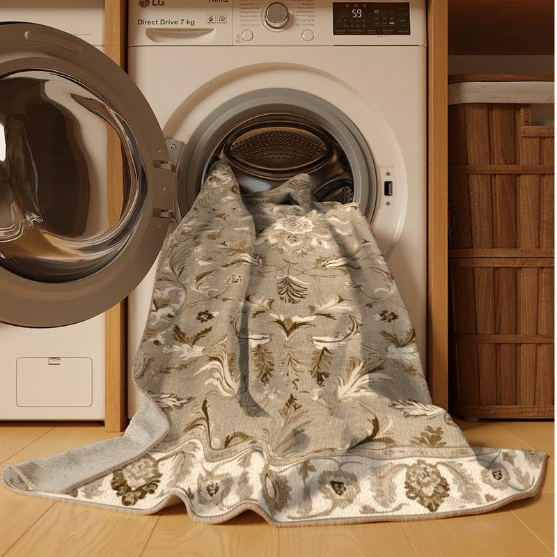 Tapis brun Tabriz lavable à la machine, Rectangulaire 7 pi x 10 pi