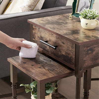 Tables de bout gigognes avec tiroirs, structure en métal et plateau en bois, petites et grandes tables d'appoint empilables pour le salon, la chambre à coucher et le canapé (brun)