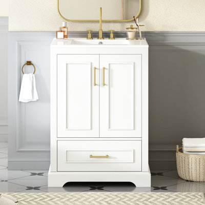 Meuble-lavabo de 24 po avec lavabo en céramique lisse, structure en bois massif et poignées élégantes en alliage de zinc pour un pied d'ambiance chic, sophistiqué et luxueux
