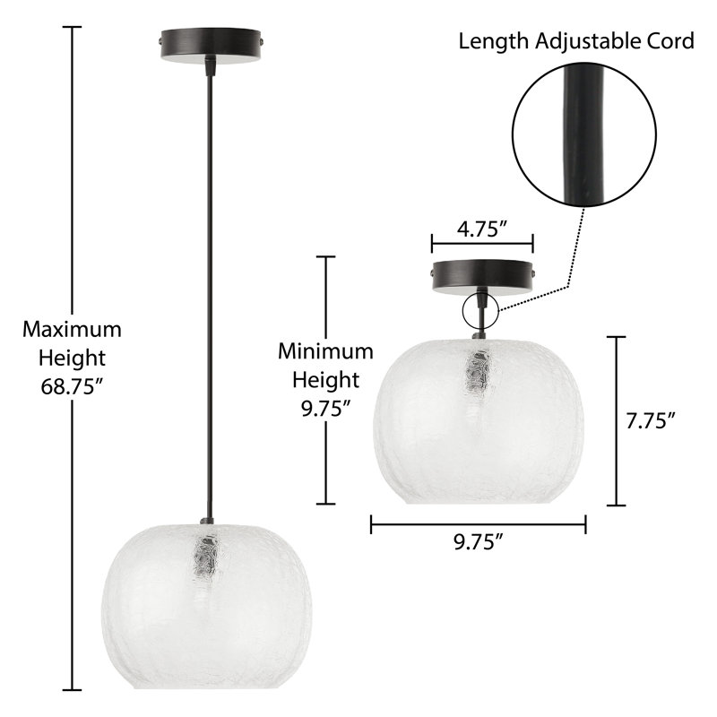 9.75"W Joan Glam Subtle Luster & Black Globe Shade Pendant, Clear