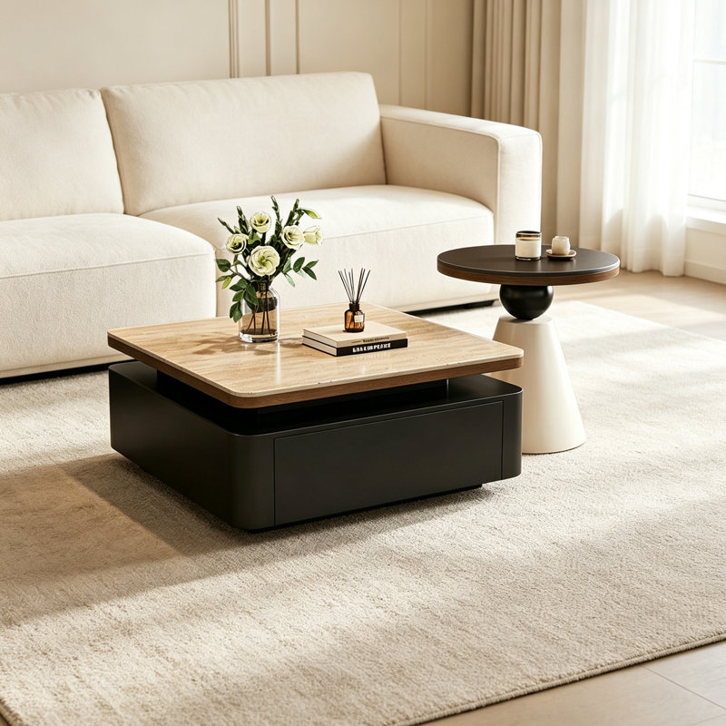 Table basse moderne avec rangement, 13.77" H x 27.55" W x 27.55" D, Brown/Black/Black/White