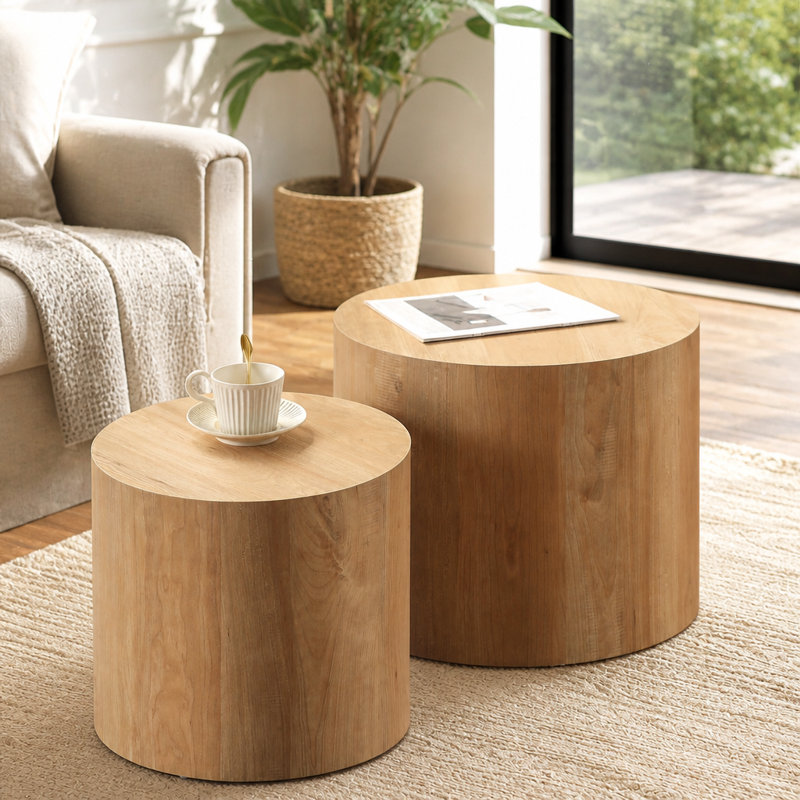 Ensemble de 2 tables basses rondes en bois Nesting, Chêne clair, Chêne clair, Chêne clair