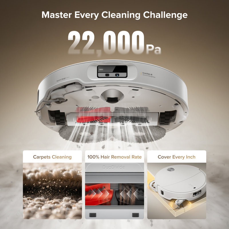 Roborock Qrevo CurvX Robot Vacuum Cleaner, 22000Pa Suction, Zero-Tangling Design, AI Obstacle Avoidance, Hot Water Mop Washing & Drying