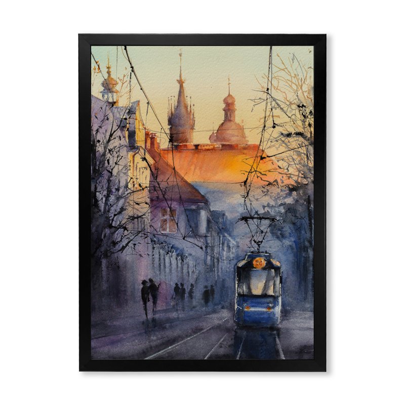 Reproduction de cadre photo sur toile, "Blue-pass par Eastern European City", Toile avec cadre photo noir