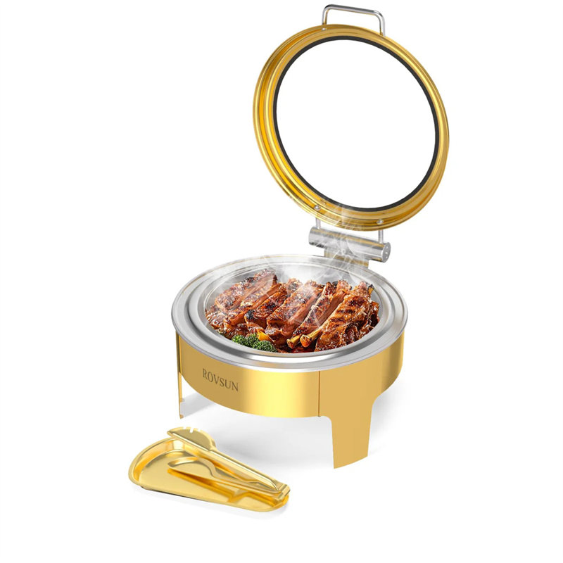 6 réchauds ronds 6 pte avec couvercle en verre et pince de service, Doré