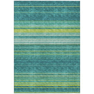 5' X 8' Teal Blue Lime Green And Turquoise Striped Washable Indoor Outdoor Area Rug
