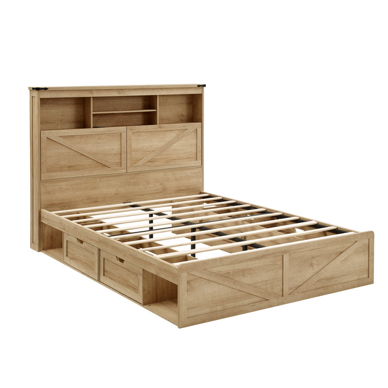 Farmhouse Queen Size Bed Frame With Led Light And Charging Station ,wooden Bed Frame With 52" High Storage Bookcase Headboard, Wooden Slats And 4 Drawers