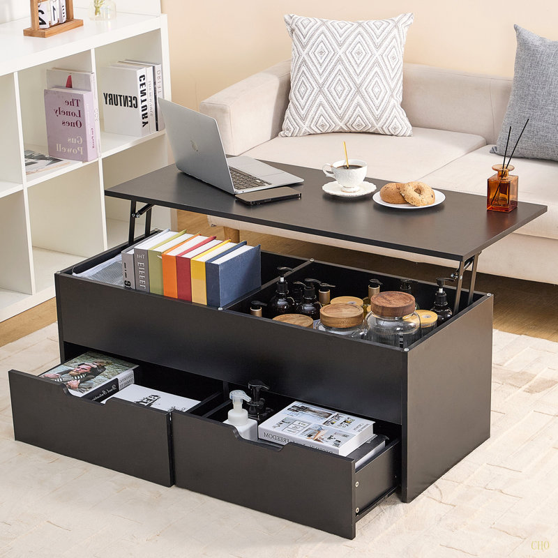 Table basse à plateau relevable avec tables centrales de rangement, compartiment caché et 2 tiroirs, table de canapé pour le salon