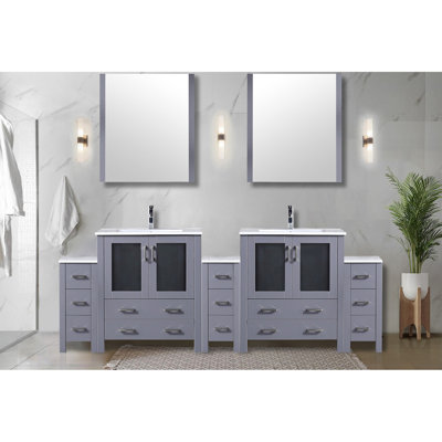 96 po Grand meuble-lavabo double gris foncé avec armoires latérales, plateau en céramique blanche, structure en bois massif, tiroirs à fermeture en douceur, deux armoires intérieures et treize tiroirs pour un rangement abondant, Scratch