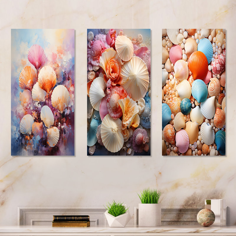 Ensemble de 3 décorations murales multicolores en coquillage, H 28 po x l 36 po