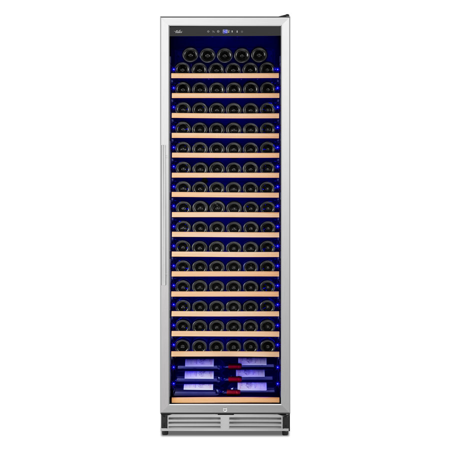 189 Bottle Built-in/Freestanding Single Zone Wine Refrigerator with Adjustable Thermostat, Blue LED Lighting, 16 Removable Beech Wood Shelves, UV-Resistant Glass Door, Quiet Compressor Cooling