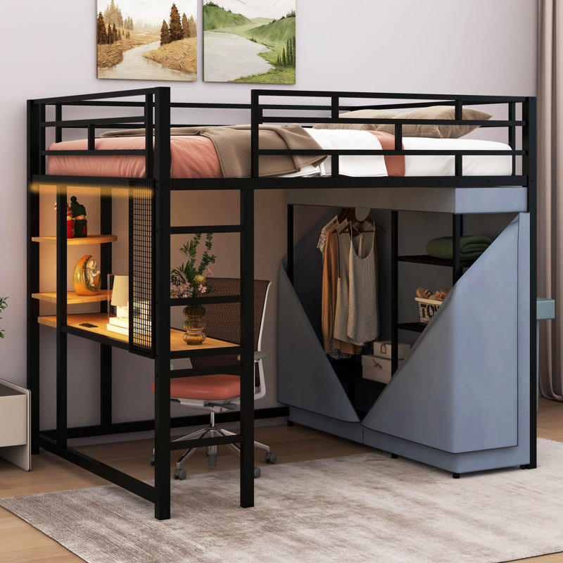 Loft Metal Bed With Desk,Shelves,Power Outlet,LED Light And Wardrobe, Black