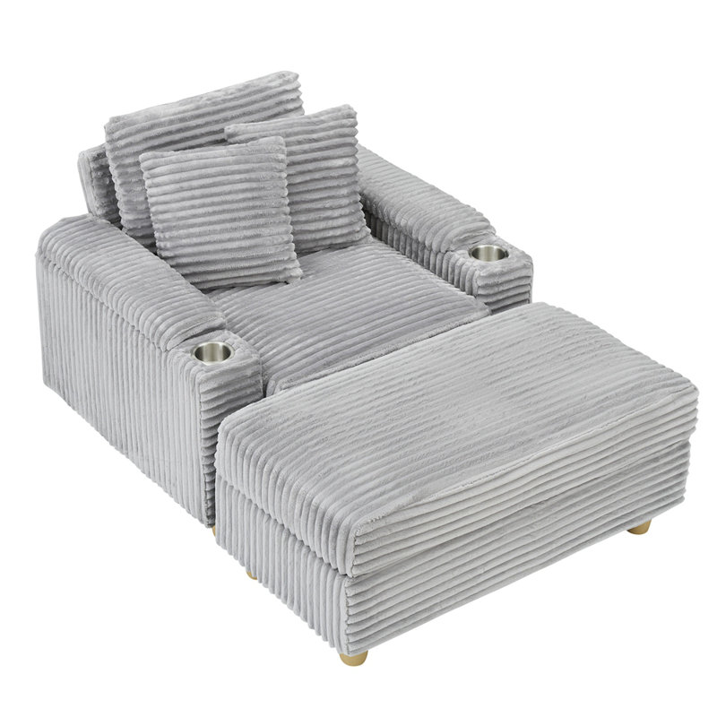 Canapé simple en velours côtelé de style élégant avec un oreiller, deux coussins décoratifs, un repose-pieds et deux espaces de rangement