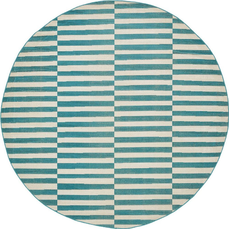 Tapis rayé ivoire / noir Arzilla, Teal/Cream, Rond 8 pi