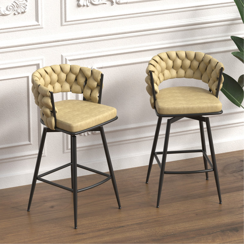 28" Technical Leather Woven Bar Stool Set Of 2, Brown, 2