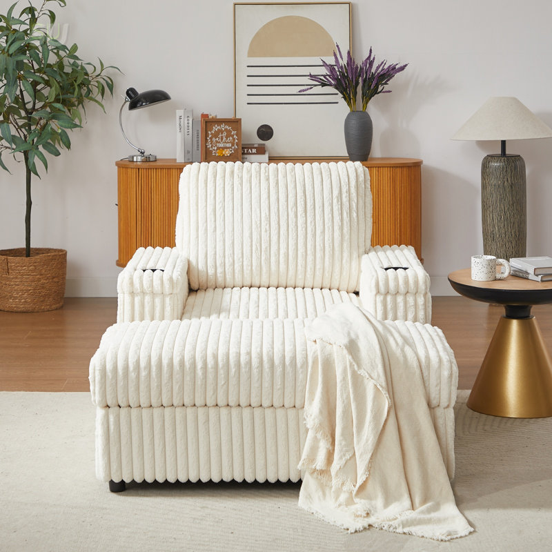 42.5-Inch Corduroy Single Recliner With Backrest Pillow, Cup Holder, Storage Footrest, And Deep-Seat Comfort, Recliner, Beige