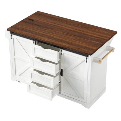 72" Farmhouse Rolling Kitchen Island with Power Outlet, Coffee Bar Cabinet on Wheels, 4 Drawers, Sliding Barn Door, Glass Holder  Drop Leaf, White Fi