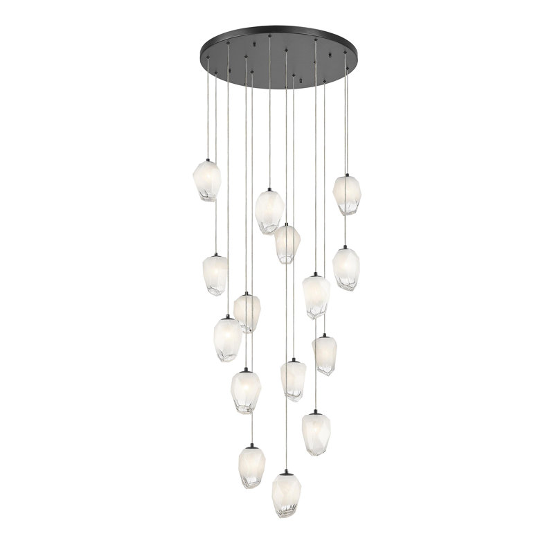 15-Light Black Chandelier With White Glass Pendants, Matte Black