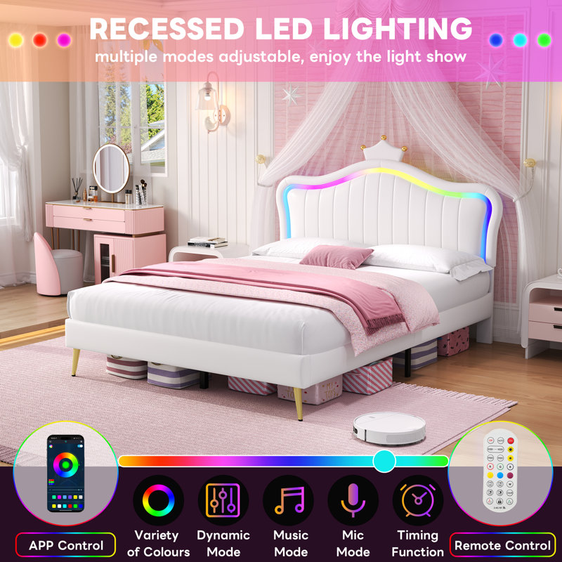 PU Leather Upholstered Bed With LED Adjustable Headboard, Double (147 x 194 cm), Cream White
