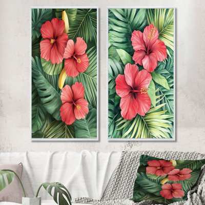 Hibiscus 2 Piece Wall Art, Tropical Flower Canvas, Tropical Hibiscus And Palms