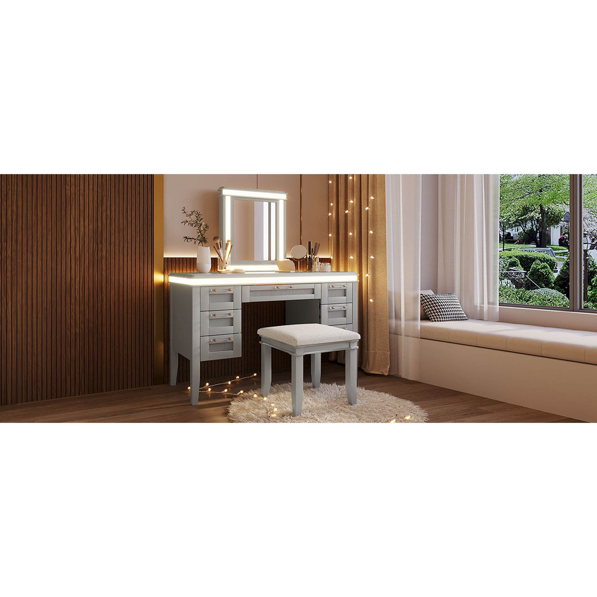 Brayden Studio 44.37'' Makeup Vanity Desk with 13 Hollywood LED Bulbs