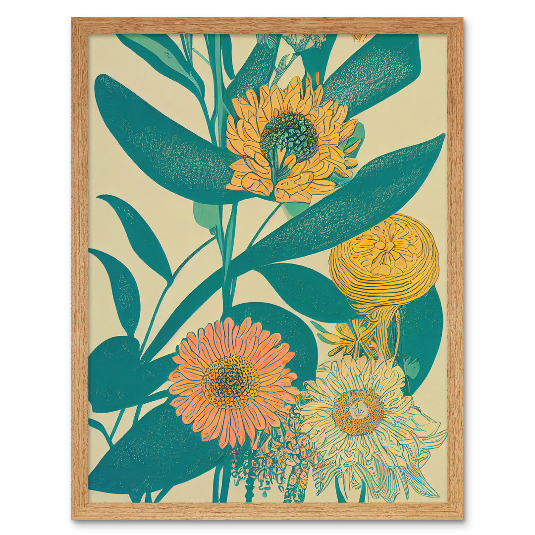 Marigold Daisy Flowers Turquoise Leaves Abstract - Print