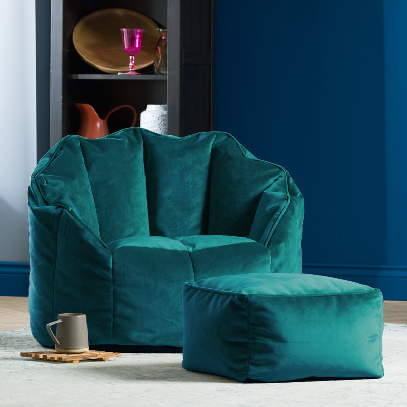 icon Sirena Scallop Chair Bean Bag and Footstool Ochre Yellow Velvet Bean Bags, Teal Green