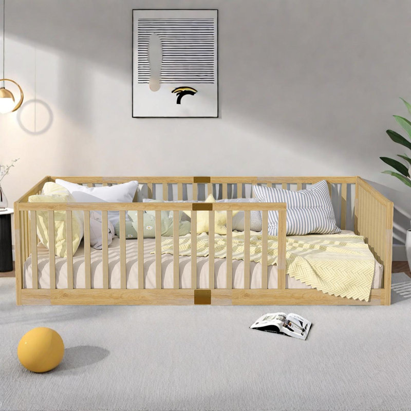 Twin Size Floor Bed with High Fence Railings, Rubber Wood Floor Bed with Safety Guardrails