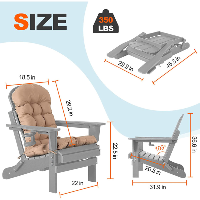 Folding Adirondack Chairs With Cushion, Hdpe Oversized Patio Chair Weather Resistant, Gray