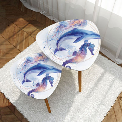 Triangle Nesting Coffee Table Set of 2 Set sea animals Blue watercolor ocean fish whale seahorse End Table Modern Minimalist Side Table Set for Living Room Bedroom