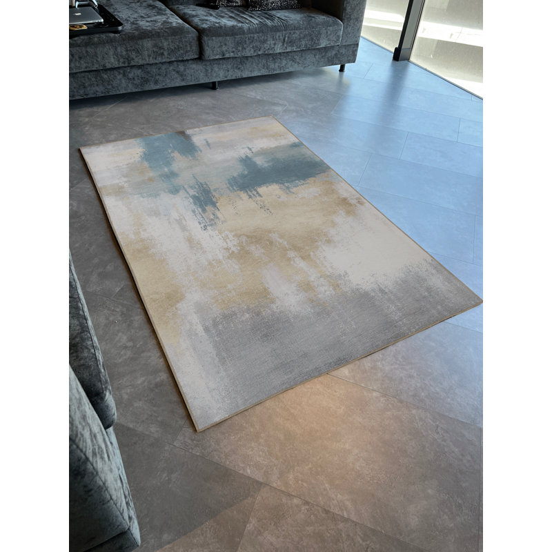 Tapis décoratif moderne à motif abstrait bleu et beige, Rectangle 2 pi 7 po x 4 pi 11 po