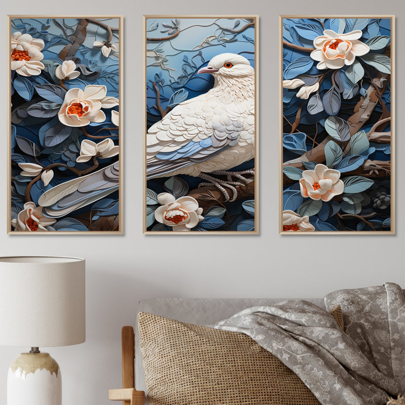 Colombe printemps floral - art mural colombe, Cadre flottant brun, H 28 po x l 36 po