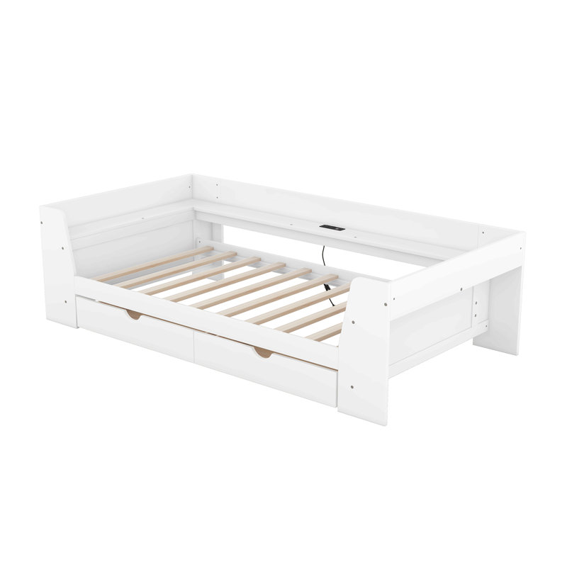 Lit de jour simple avec tablettes, tiroirs et station de charge intégrée, Blanc