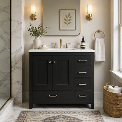 Ensemble de meuble-lavabo noir 36 po avec lavabo en céramique 36 po, 2 portes à fermeture en douceur et 5 tiroirs