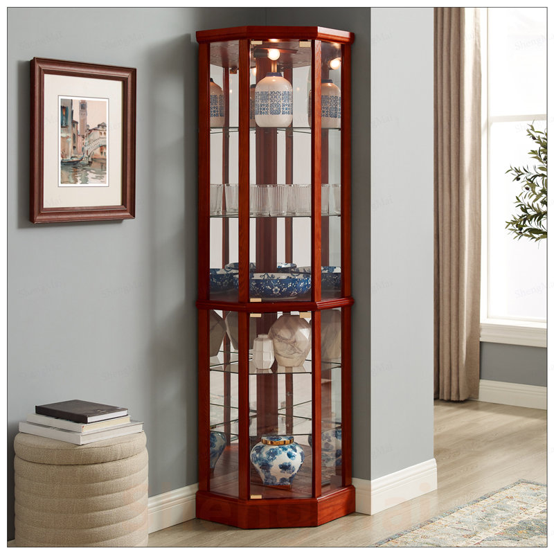 Vitrine de coin à 6 tablettes avec tablettes réglables en verre trempé et dossier en miroir élégant, parfait pour exposer des objets de collection et économiser de l'espace