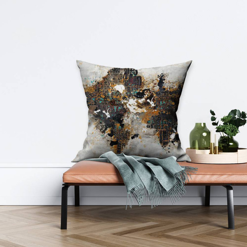Abstract World Map Pillow | Yellow Poly Twill Home Decor, Square 26"