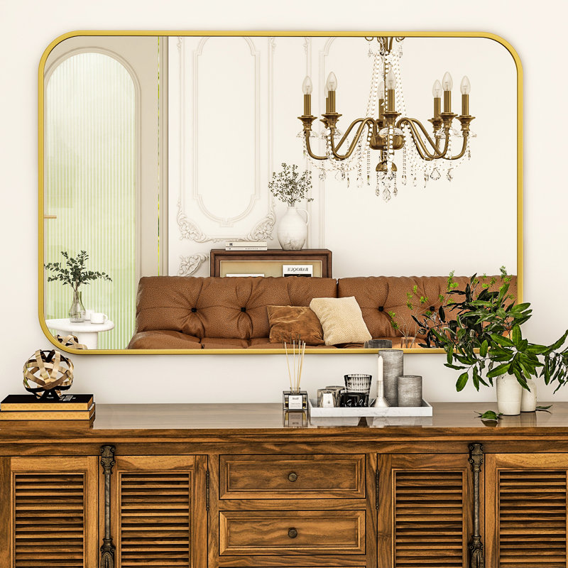 Jyun Safely Rounded Rectangle Metal Bathroom Mirror, Light Gold, 48" x 36"