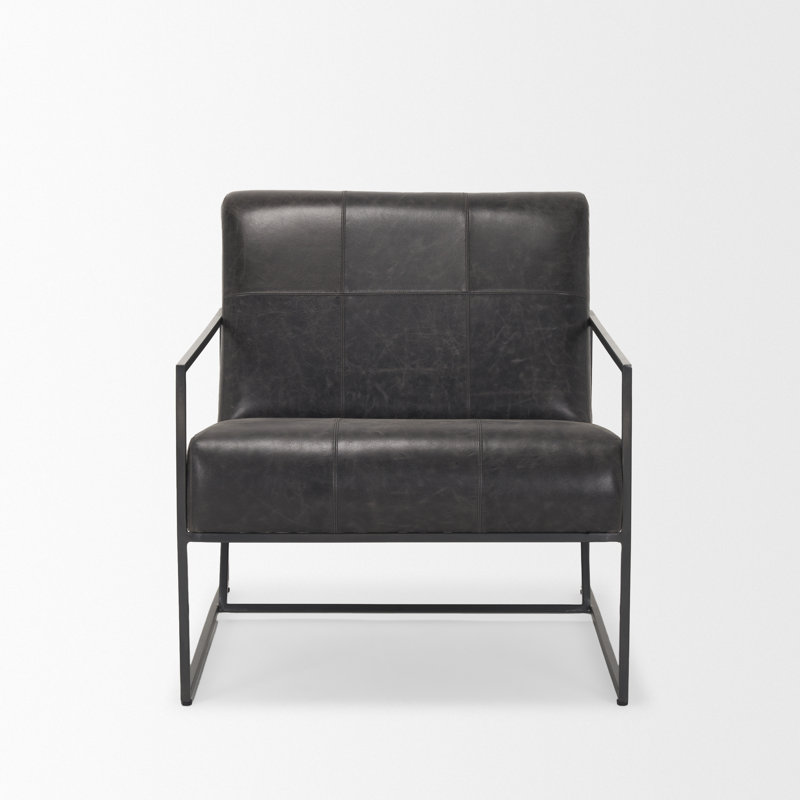 Rayniya Upholstered Aged Genuine Leather Armchair, Black/Black