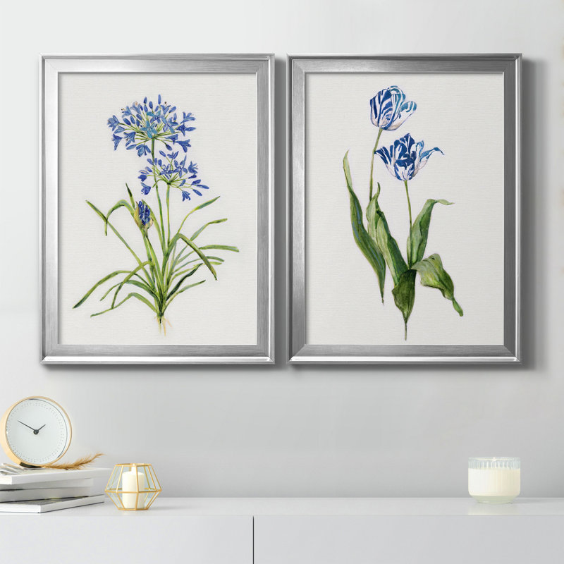 Blue Botanical Prints with Silver Frames, Set of 2