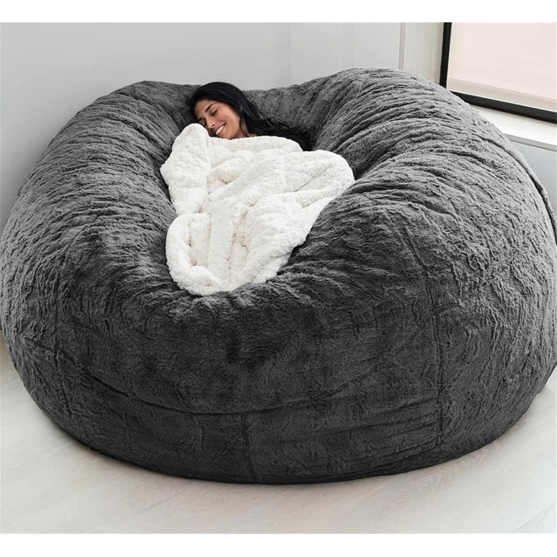  Giant Faux Fur Bean Bag Chair Cover, 7FT Grey, Soft Fluffy Round Living Room Furniture, Kids & Adults, Expandable Lazy Sofa Bed Cover (No Filler)