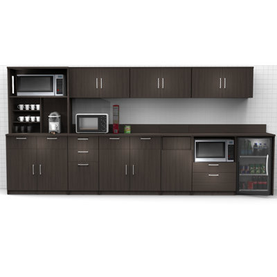 Commercial Grade Coffee Kitchen Lunch Room Cabinets Fully Assembled Espresso – 144"W x 75"H  9 pc