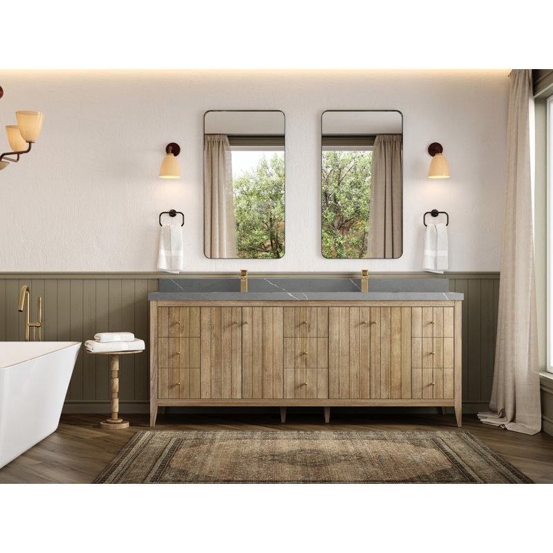 Teck d'Atlanta 84 po X P 22 po D Meuble-lavabo double en gris clair délavé avec 2 po Quartz Venatino, Gris Piatra