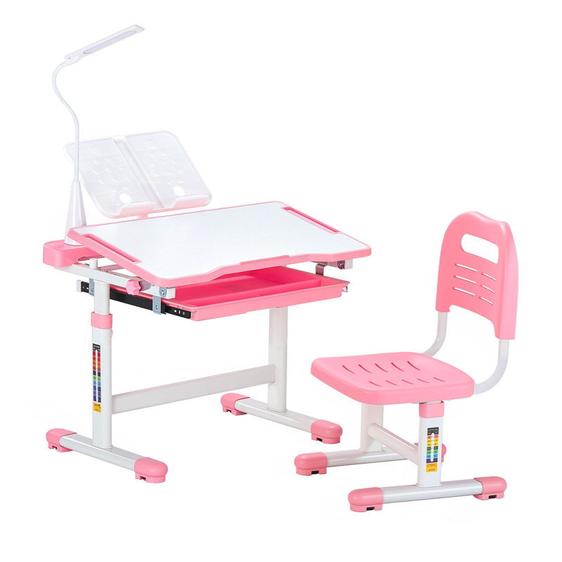 Ensemble bureau et chaise pour enfants, avec lampe de bureau, hauteur réglable et plateau inclinable de 0 à 40°. Parfait pour la chambre ou le bureau.