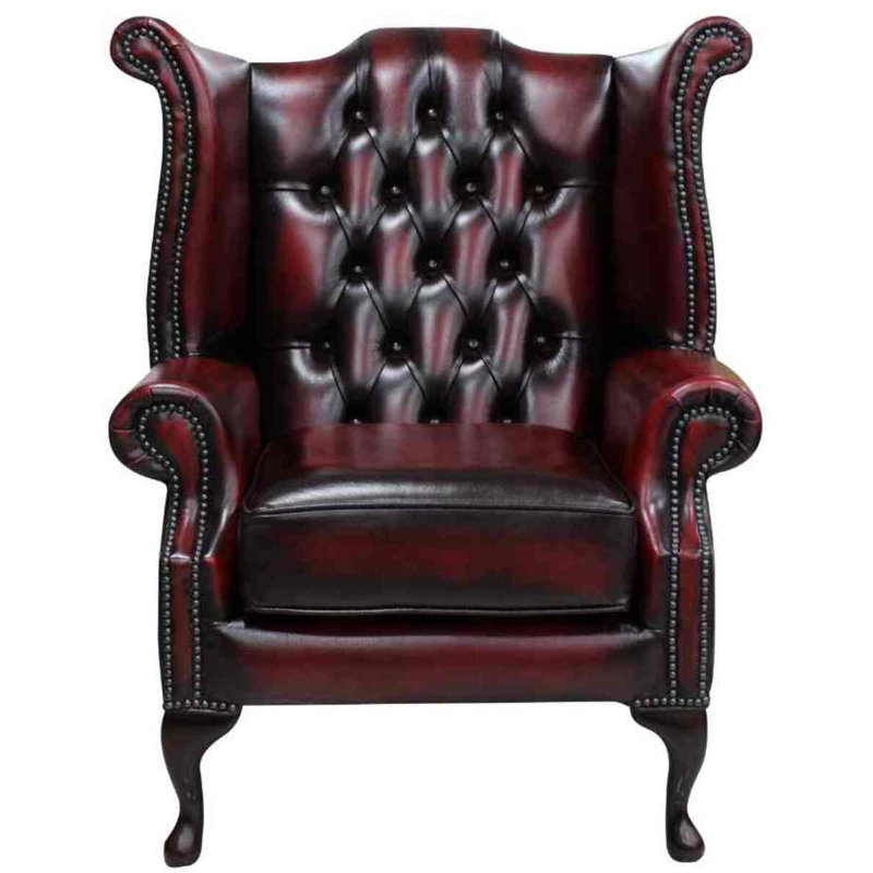 High Back Chesterfield Upholstered Full Grain Leather Wingback Chair, Antique Oxblood