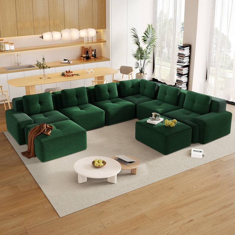 Canapé modulaire en velours côtelé 8 pièces avec repose-pieds mobile Dravon, Velours côtelé vert