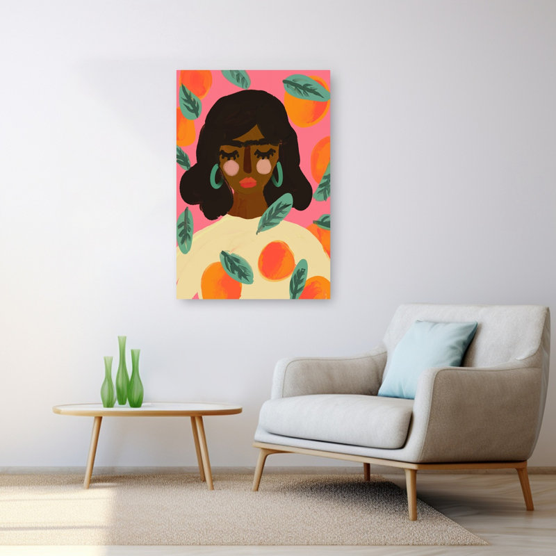 Peachy Dreams, une affiche murale contemporaine audacieuse et colorée représentant un paysage de fruits, 48" H x 32" W
