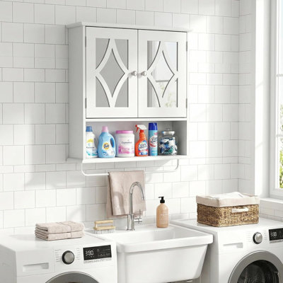Armoire de salle de bain murale blanche avec miroir - Rangement au-dessus de la toilette avec porte-serviettes et tablette réglable