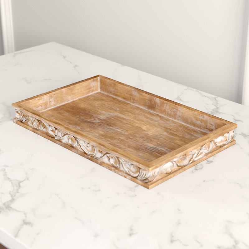 Dahlia Decorative Tray, Traditional Brown Wood Serving Tray with Carved Border 16.5" for Tabletop