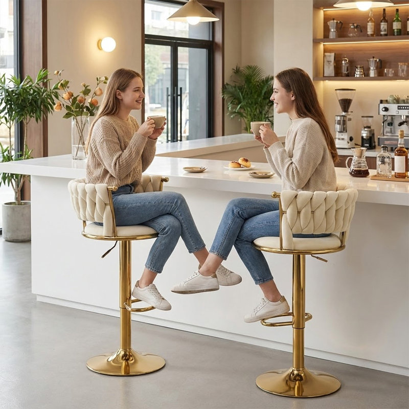 Velvet Swivel Bar Stool Set of 4, Modern Adjustable Height Barstools with Golden Metal Base for Kitchen Island, Beige, Beige