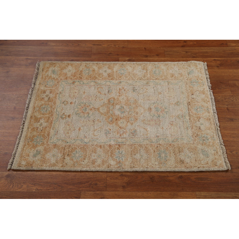 Tapis beige en laine noué à la main de conception unique 2 pi 0 po x 2 pi 9 po New Age